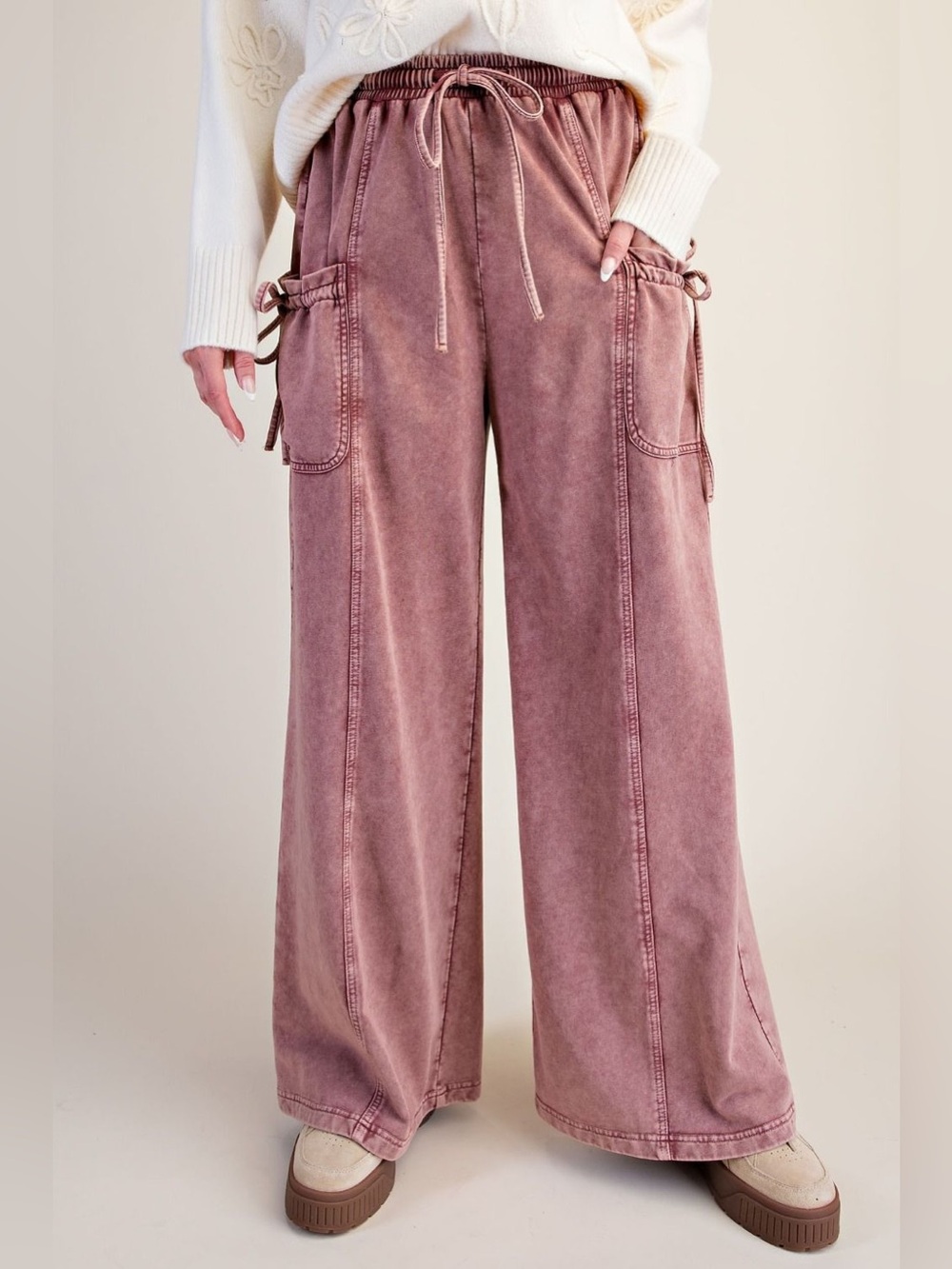 Easel Red Bean 100% Cotton Mineral Washed Terry Pants With Large Cargo Pockets